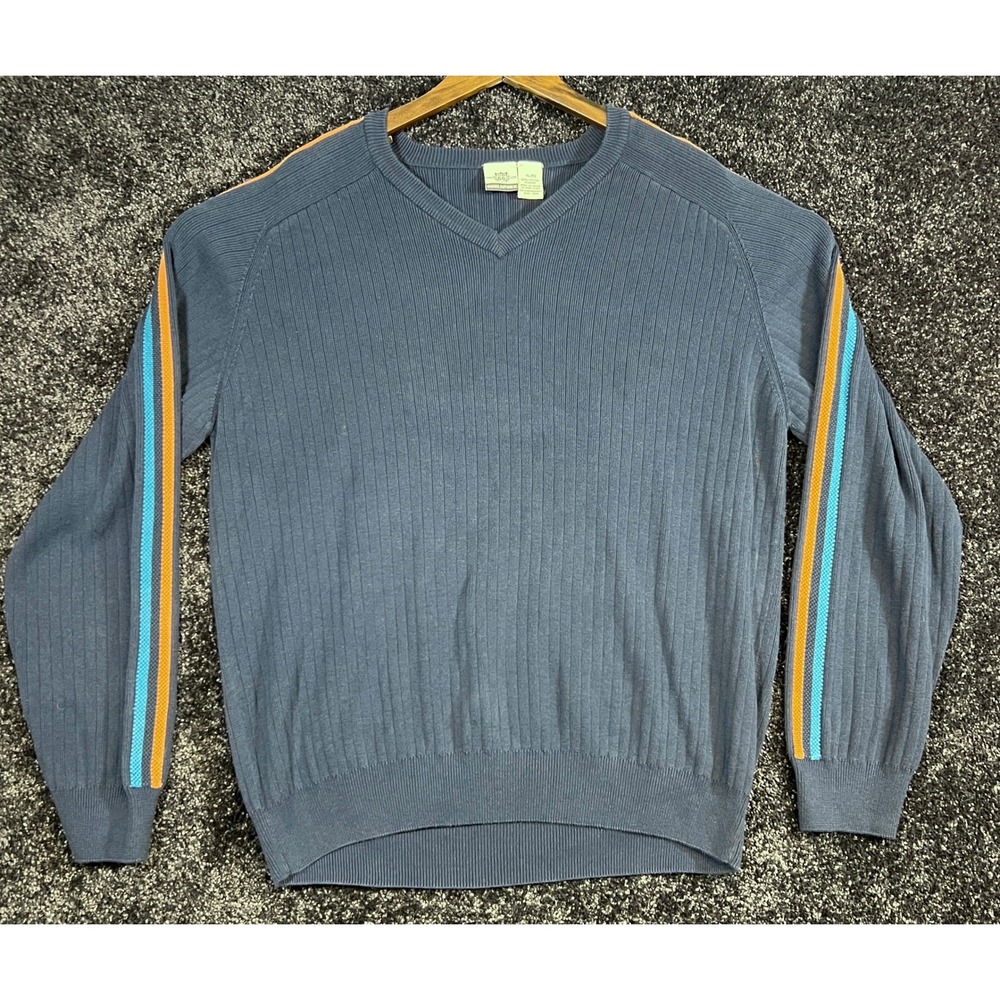 Vintage Route 66 V-Neck Sweater Striped Long Sleeve Ribbed Knit Pullover XL‎